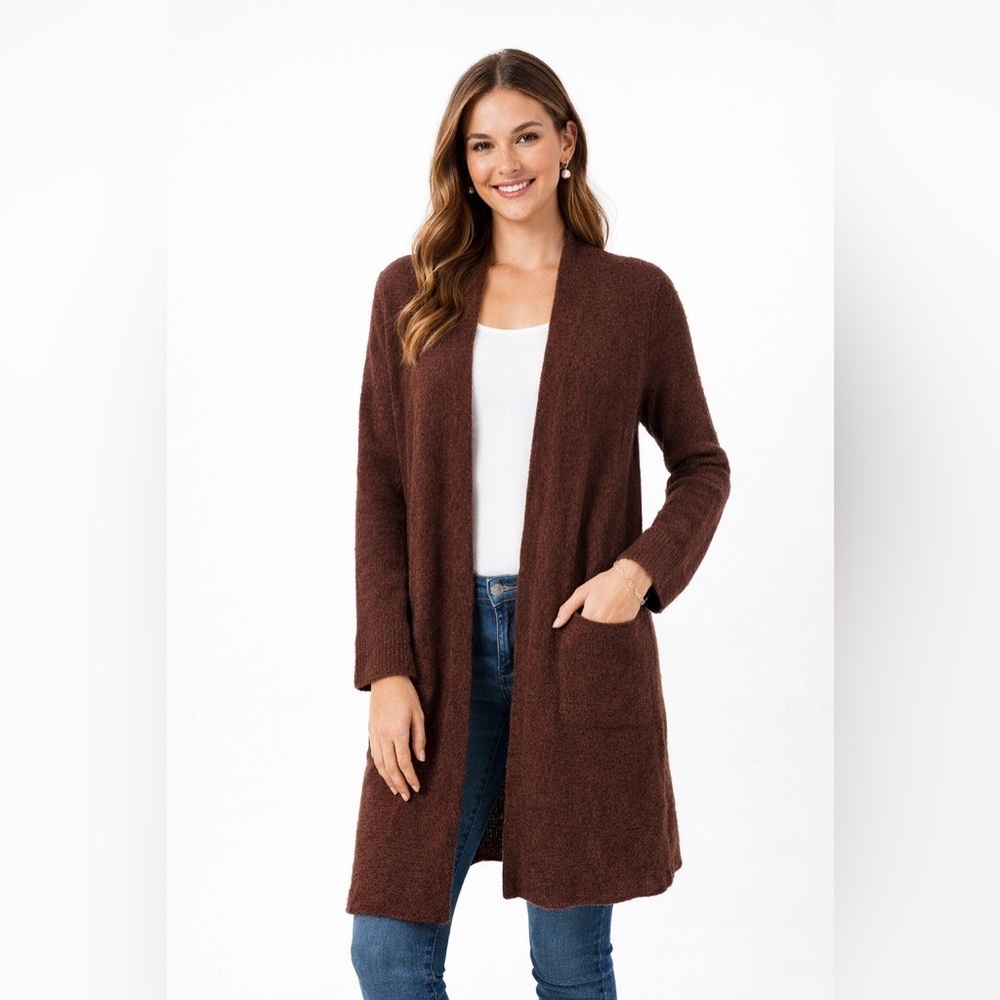 Eileen Fisher Brown Baby Alpaca Open Front Long Cardigan Cozy Minimalist XXL